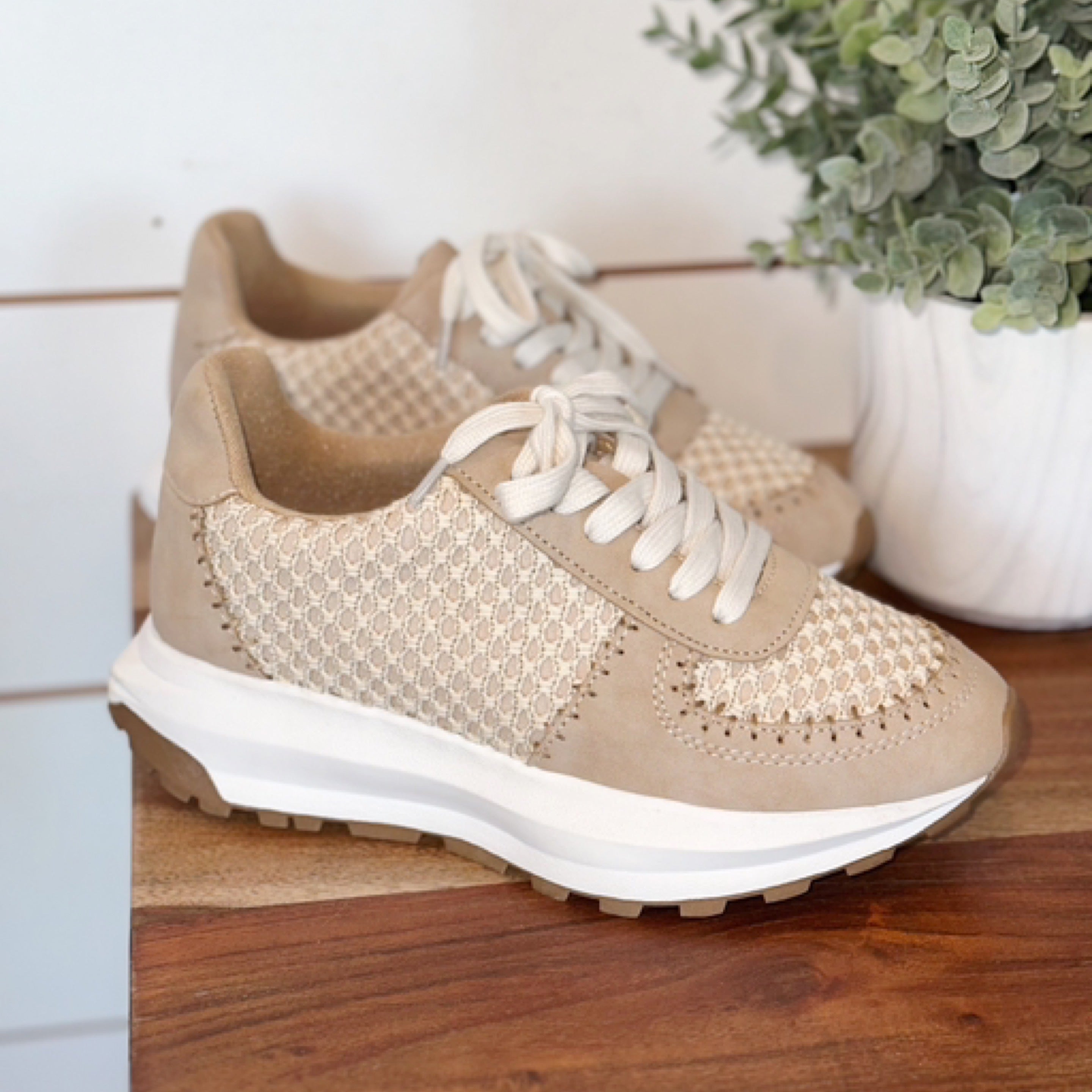 Tan Mix Crochet Detail Sneakers | B Fancy Boutique