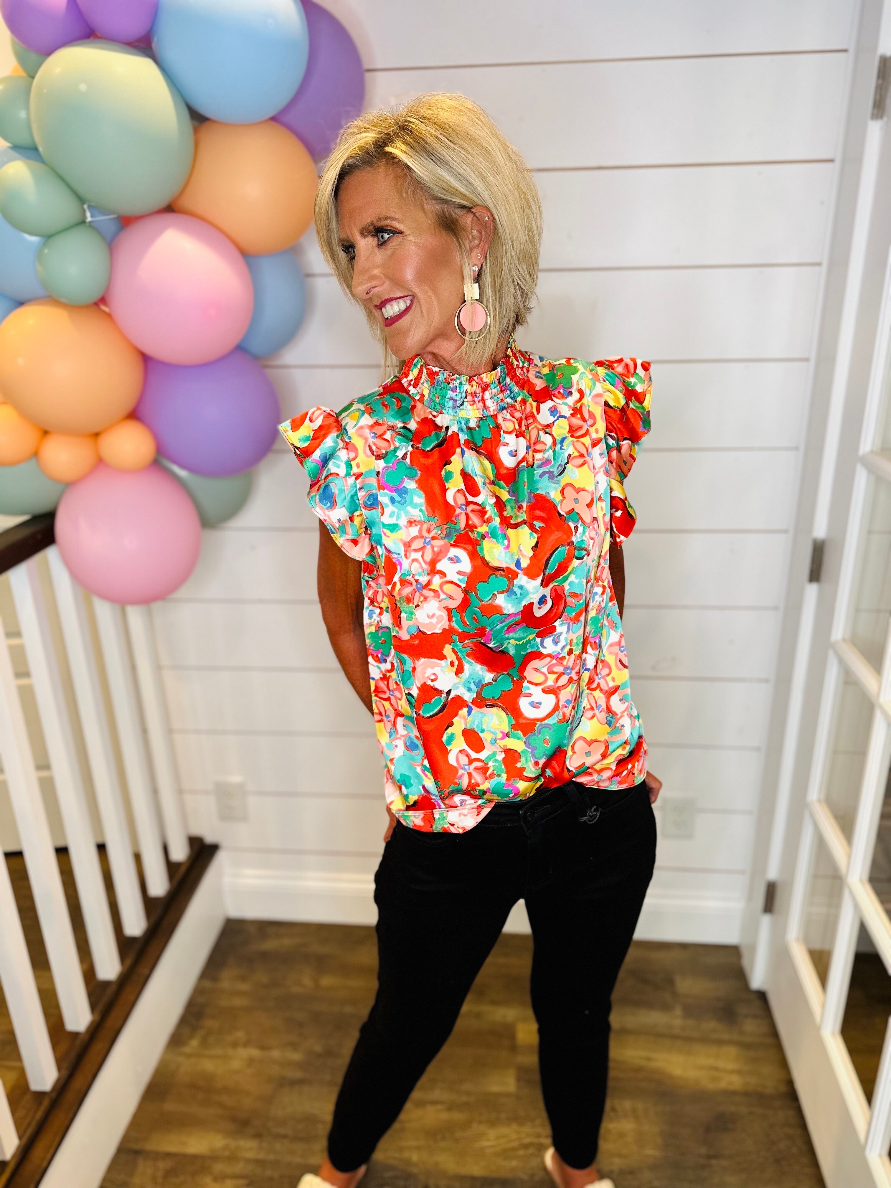 Tomato Floral Mix Flutter Sleeve Blouse | B Fancy Boutique